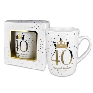 KUBEK 40 URODZINY KORONA GWIAZDKI BIAŁY 330ml