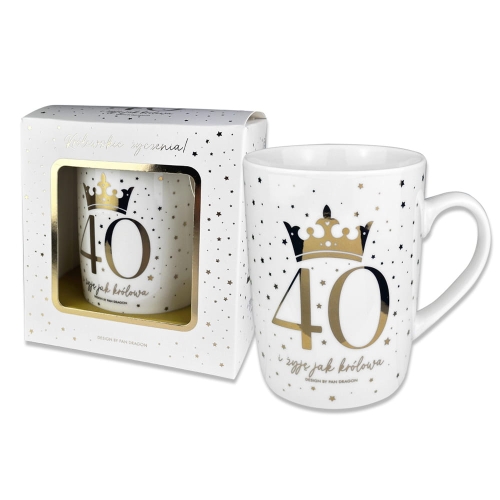 KUBEK 40 URODZINY KORONA GWIAZDKI BIAŁY 330ml
