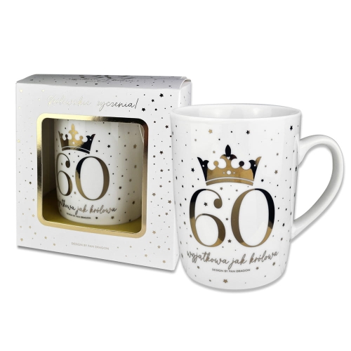 KUBEK 60 URODZINY KORONA GWIAZDKI BIAŁY 330ml