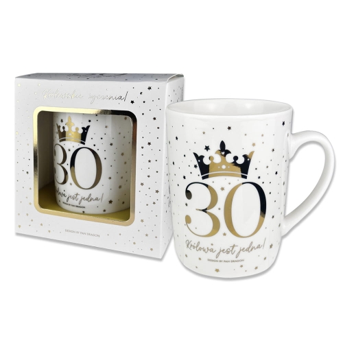 KUBEK 30 URODZINY KORONA GWIAZDKI BIAŁY 330ml