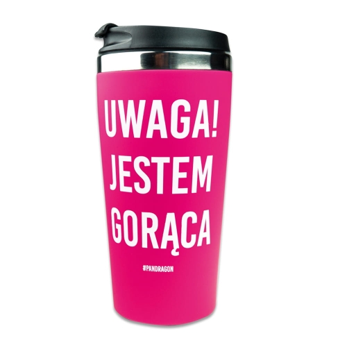 KUBEK TERMICZNY UWAGA JESTEM GORĄCA RÓŻOWY 400ml