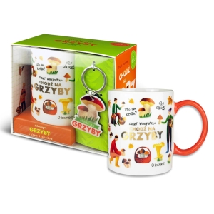 KUBEK Z BRELOKIEM RZUĆ WSZYSTKO CHODŹ NA GRZYBY BIAŁY 330ml
