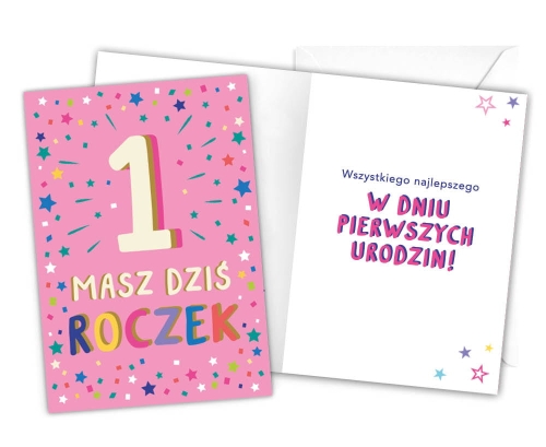 KARTKA 1 URODZINY ROCZEK RÓŻOWA LATKA LECĄ 18x12,5cm