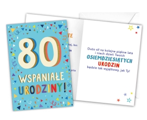 KARTKA 80 URODZINY NIEBIESKA LATKA LECĄ 18x12,5cm