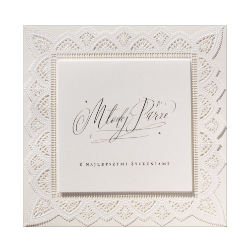 KARTKA ŚLUBNA MŁODEJ PARZE AŻUROWA RAMKA 16x16cm