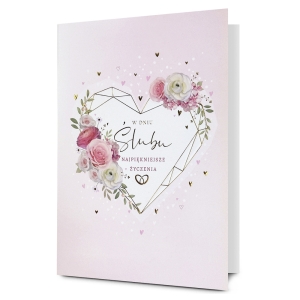 KARTKA ŚLUBNA SERCE KWIATY JASNORÓŻOWA 19x13cm