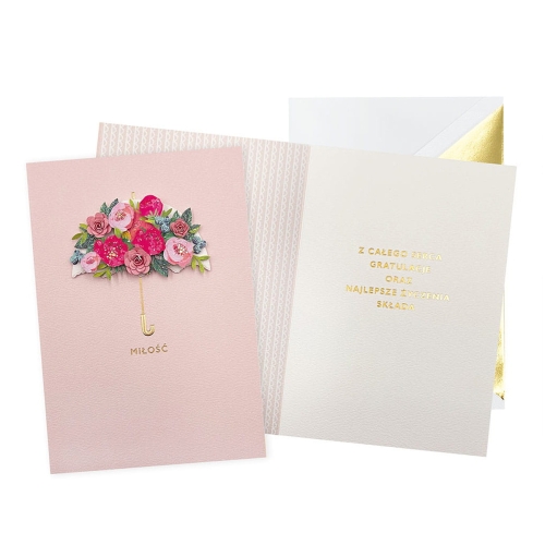 KARTKA ŚLUBNA MIŁOŚĆ PARASOL Z KWIATÓW RÓŻOWA 17x12cm