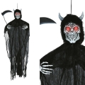 KUKŁA WISZĄCA DEMON Z KOSĄ W SZACIE ŚWIATŁO DŹWIĘK CZARNY 130cm