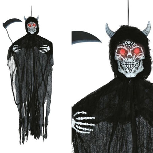 KUKŁA WISZĄCA DEMON Z KOSĄ W SZACIE ŚWIATŁO DŹWIĘK CZARNY 130cm