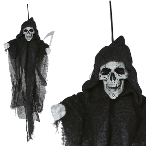 KUKŁA WISZĄCA SZKIELET ŚMIERĆ Z KOSĄ CZARNA 60cm