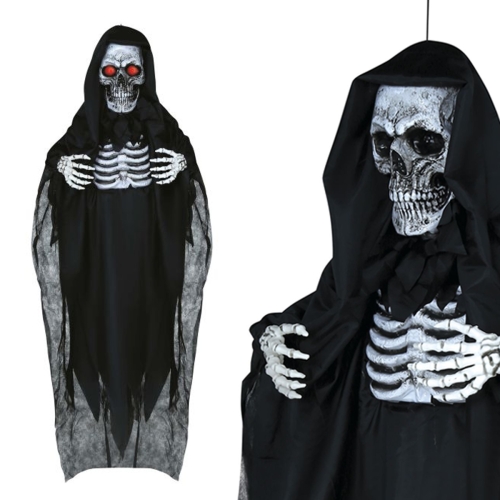 KUKŁA WISZĄCA SZKIELET Z CZERWONYMI OCZAMI BIAŁO-CZARNY 180cm