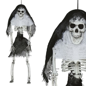 KUKŁA WISZĄCA SZKIELET Z CHUSTĄ BIAŁO-CZARNA 45cm