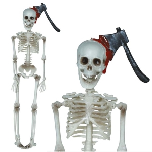 KUKŁA WISZĄCA SZKIELET Z SIEKIERĄ W GŁOWIE BIAŁY 40cm