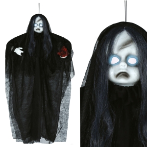 KUKŁA WISZĄCA UPIORNA LALKA ŚWIATŁO DŹWIĘK CZARNA 90cm