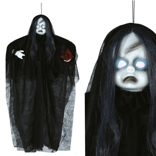 KUKŁA WISZĄCA UPIORNA LALKA ŚWIATŁO DŹWIĘK CZARNA 90cm