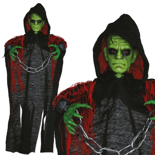 KUKŁA WISZĄCA ZOMBIE W ŁAŃCUCHACH TUNIKA CZARNO-ZIELONY 50cm