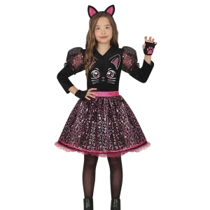 STRÓJ SUKIENKA KOTEK CĘTKI CZARNO-RÓŻOWA 142-148