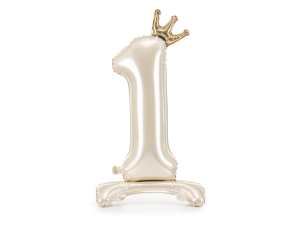 BALON CYFRA 1 STOJĄCY KORONA KREMOWY 33'' 84cm