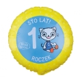 BALON GODAN ROCZEK STO LAT KICIA KOCIA NIEBIESKO-ŻÓŁTY 18'' 46cm