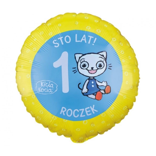 BALON GODAN ROCZEK STO LAT KICIA KOCIA NIEBIESKO-ŻÓŁTY 18'' 46cm