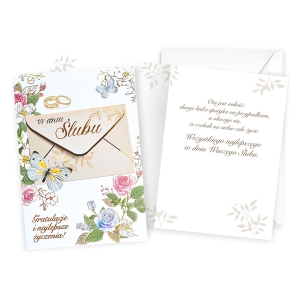 KARTKA ŚLUBNA W DNIU ŚLUBU KWIATY KOPERTA BIAŁA 17x12cm