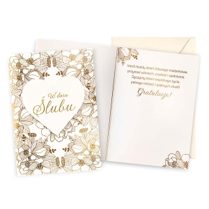 KARTKA ŚLUBNA W DNIU ŚLUBU KWIATY SERCE BRĄZOWA 17x12cm