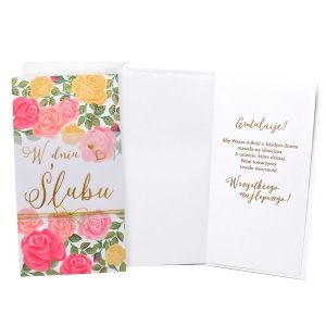 KARTKA ŚLUBNA W DNIU ŚLUBU RÓŻE LISTKI BIAŁA 21,5x11cm