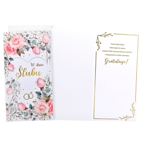 KARTKA ŚLUBNA W DNIU ŚLUBU RÓŻE LISTKI BIAŁA 21,5x11cm