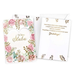 KARTKA ŚLUBNA W DNIU ŚLUBU RÓŻE LISTKI BIAŁA 17x12cm