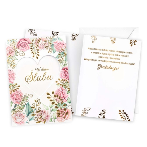KARTKA ŚLUBNA W DNIU ŚLUBU RÓŻE LISTKI BIAŁA 17x12cm
