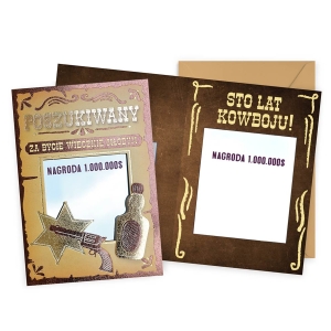 KARTKA URODZINOWA KOWBOJ POSZUKIWANY LUSTRO BRĄZOWA 17x12cm