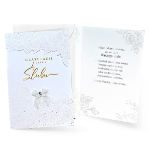 KARTKA ŚLUBNA Z OKAZJI ŚLUBU KWIATY KOKARDKA BIAŁA 25x17cm