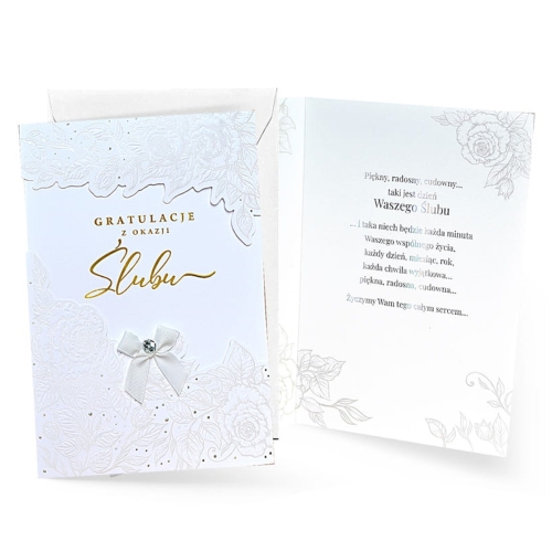KARTKA ŚLUBNA Z OKAZJI ŚLUBU KWIATY KOKARDKA BIAŁA 25x17cm