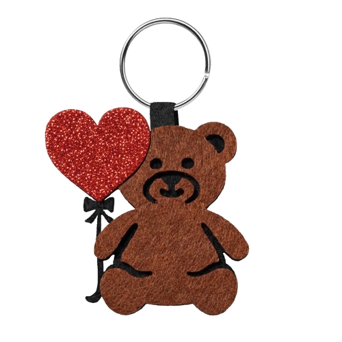 BRELOK MIŚ Z BALONIKIEM SERCEM FILC-PIANKA JASNOBRĄZOWA 6cm