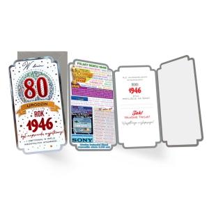 KARTKA 80 URODZINY ROK 1946 SREBRNO-CZERWONA 21,5x11cm
