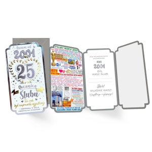 KARTKA 25. ROCZNICA ŚLUBU ROK 2001 BIAŁO-SREBRNA 21,5x11cm