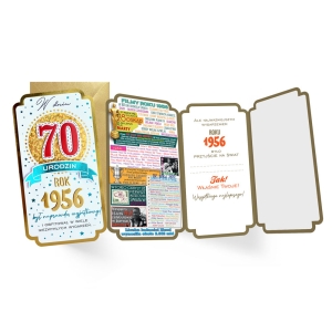 KARTKA 70 URODZINY ROK 1956 ZŁOTO-CZERWONA 21,5x11cm