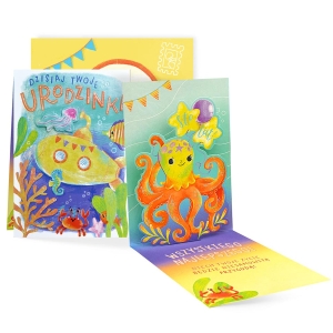 KARTKA URODZINOWA ŁÓDŹ PODOWDNA RYBKI NIEBIESKA 17x12cm