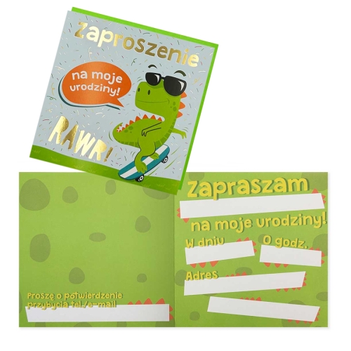 ZAPROSZENIA DINOZAUR BŁĘKITNO-ZIELONE 5szt