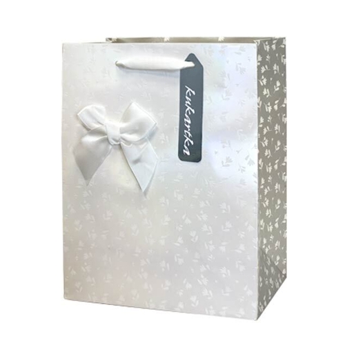 TOREBKA PREZENTOWA KWIATKI KOKARDA OPALIZUJĄCA BIAŁA 46x33cm