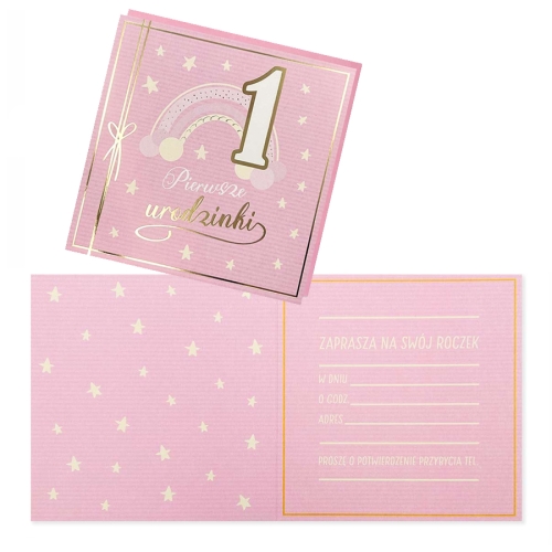 ZAPROSZENIA ROCZEK TĘCZA GWIAZDKI RÓŻOWE 5szt