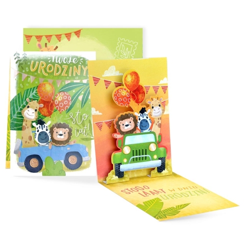 KARTKA URODZINOWA ZWIERZĄTKA SAFARI ZIELONA 17x12cm