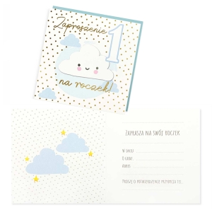 ZAPROSZENIA ROCZEK CHMURKA GROSZKI BIAŁO-BŁĘKITNE 5szt