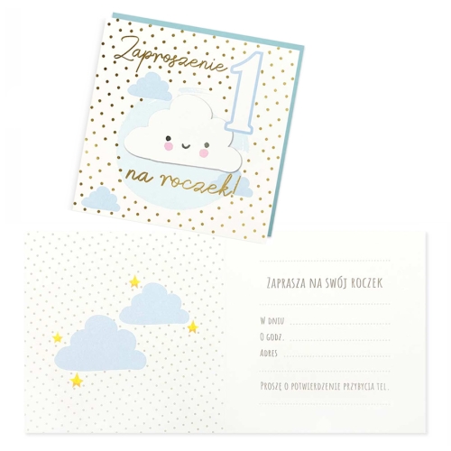 ZAPROSZENIA ROCZEK CHMURKA GROSZKI BIAŁO-BŁĘKITNE 5szt