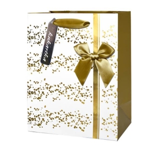 TOREBKA PREZENTOWA GROSZKI KOKARDA BIAŁO-ZŁOTA 18x13cm