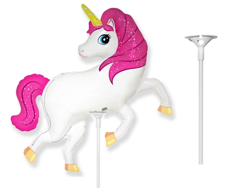 BALON JEDNOROŻEC RÓŻOWO-BIAŁY 14'' 36cm + PATYK