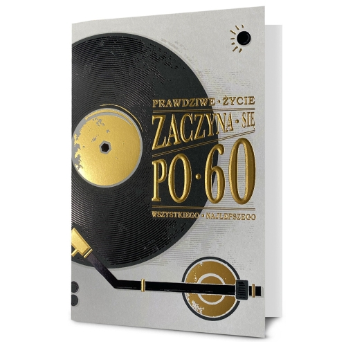 KARTKA 60 URODZINY GRAMOFON CZARNO-BIAŁA 19x13cm