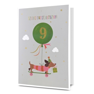 KARTKA 9 URODZINY JAMNIK Z BALONIKIEM SZARA 19x13cm