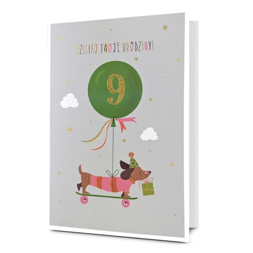 KARTKA 9 URODZINY JAMNIK Z BALONIKIEM SZARA 19x13cm