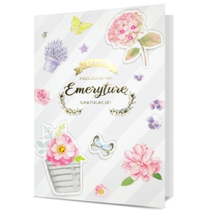 KARTKA EMERYTURA KWIATY MOTYLE BIAŁA 19x13cm